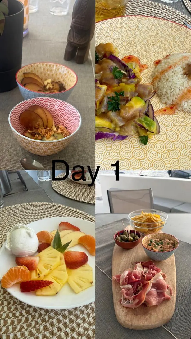 Sélection de petits-déjeuners, fruits et apéritif du premier jour