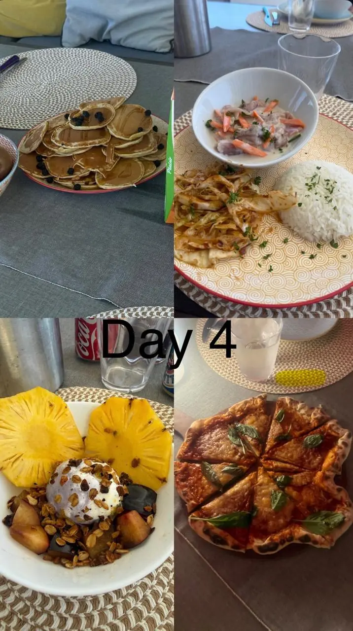 Pancakes, poisson, fruits et pizza préparés à bord
